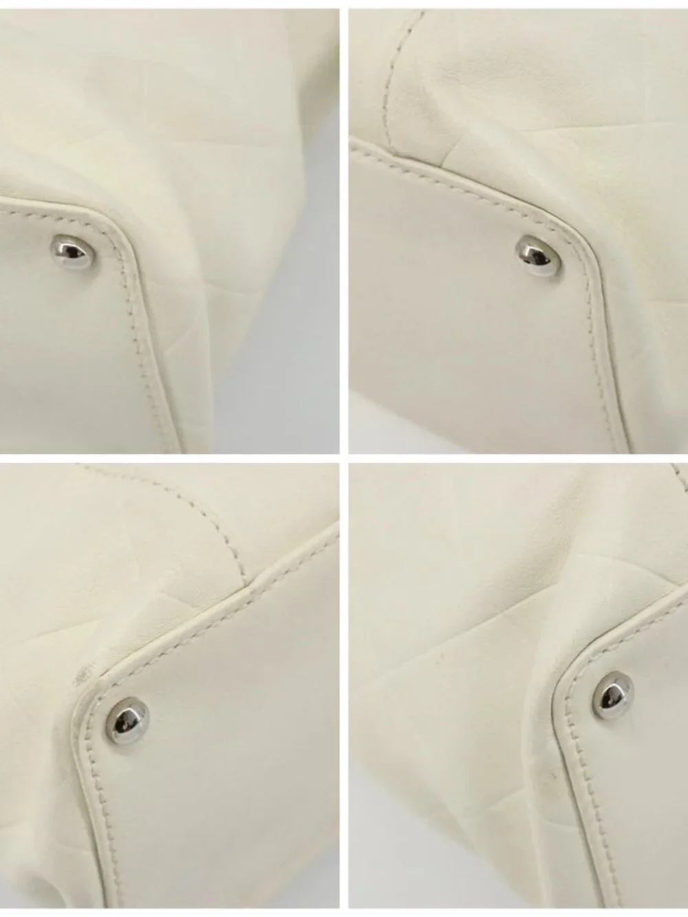 CHANEL V Stitch Hand Bag Lamb Skin White Silver CC Auth BA13606V